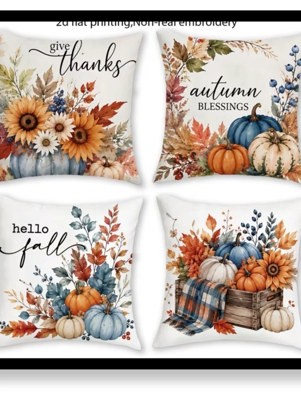 🆕 4 pc Autumn Blessings Fall Pumpkin Pillow Cover Set - Blue & Orange